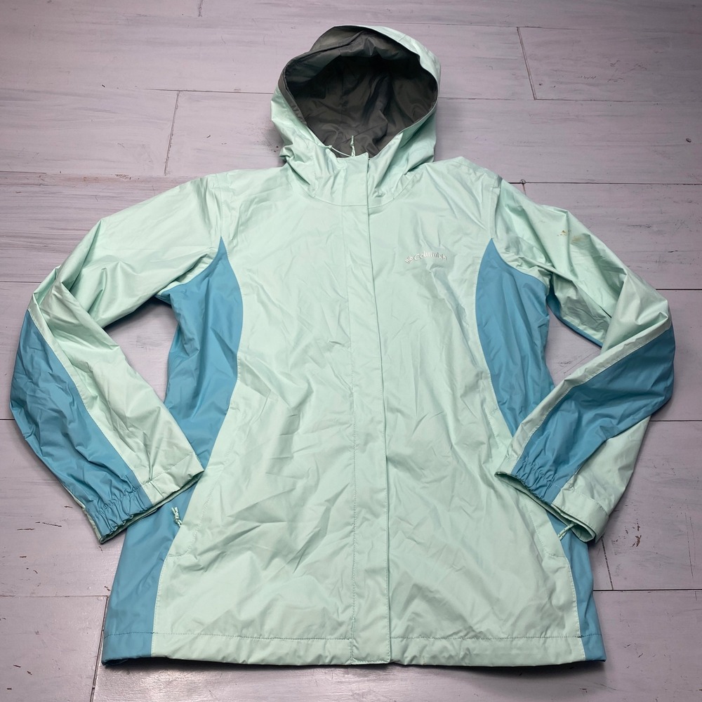 Columbia Omni-Tech Rain Jacket Womens L Mint Blue Waterproof Hooded Shell 15611